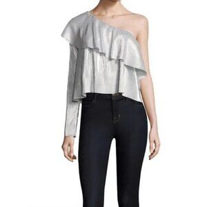 LIKELY Davey Ruffled Ribbed Silver Lame Metallic One-Shoulder Top - Size XS NWT